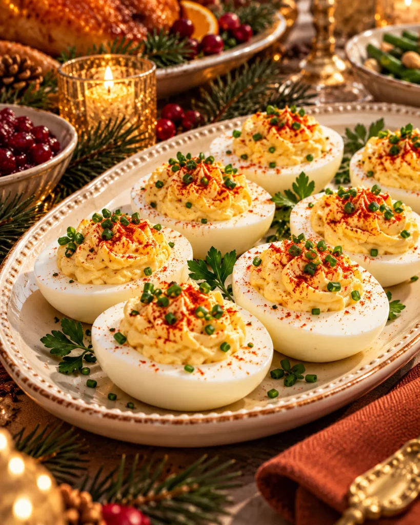 Deviled eggs with Greek yogurt filling, paprika, and fresh chives on a holiday appetizer platter.