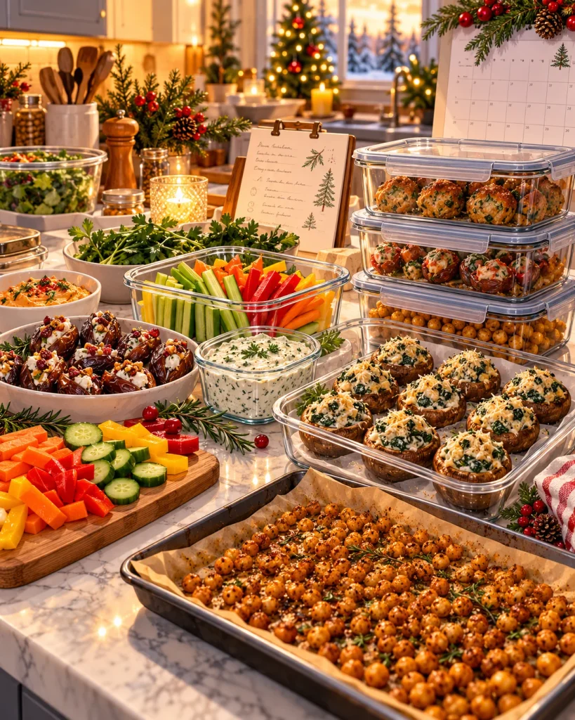 Organized holiday appetizer meal prep with dips, chopped vegetables, stuffed dates, and prepared mushrooms.