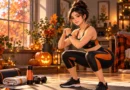 Anime-style illustration of a woman performing a bodyweight squat in a cozy American home gym decorated with Halloween pumpkins and autumn leaves.