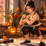 Anime-style illustration of a woman performing a bodyweight squat in a cozy American home gym decorated with Halloween pumpkins and autumn leaves.