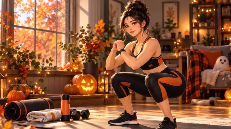 Anime-style illustration of a woman performing a bodyweight squat in a cozy American home gym decorated with Halloween pumpkins and autumn leaves.