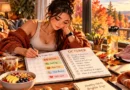 Anime-style fall wellness scene showing an October reset planner, healthy habits, fitness goals, and cozy autumn surroundings.