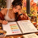 Anime-style fall wellness scene showing an October reset planner, healthy habits, fitness goals, and cozy autumn surroundings.