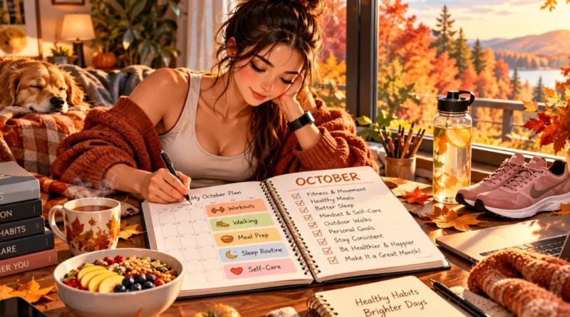 Anime-style fall wellness scene showing an October reset planner, healthy habits, fitness goals, and cozy autumn surroundings.