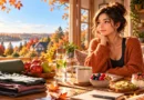 October wellness reset with healthy fall foods, water, journal, workout clothes and cozy autumn home setting