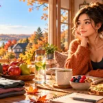 October wellness reset with healthy fall foods, water, journal, workout clothes and cozy autumn home setting