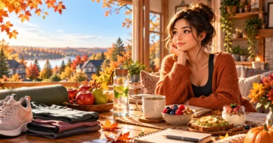 October wellness reset with healthy fall foods, water, journal, workout clothes and cozy autumn home setting