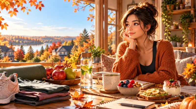 October wellness reset with healthy fall foods, water, journal, workout clothes and cozy autumn home setting
