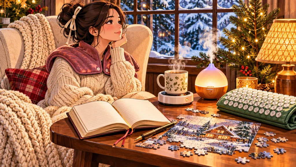 Quiet-time self-care gifts for women including a guided journal, jigsaw puzzle, tea mug warmer, diffuser, and heated neck wrap.