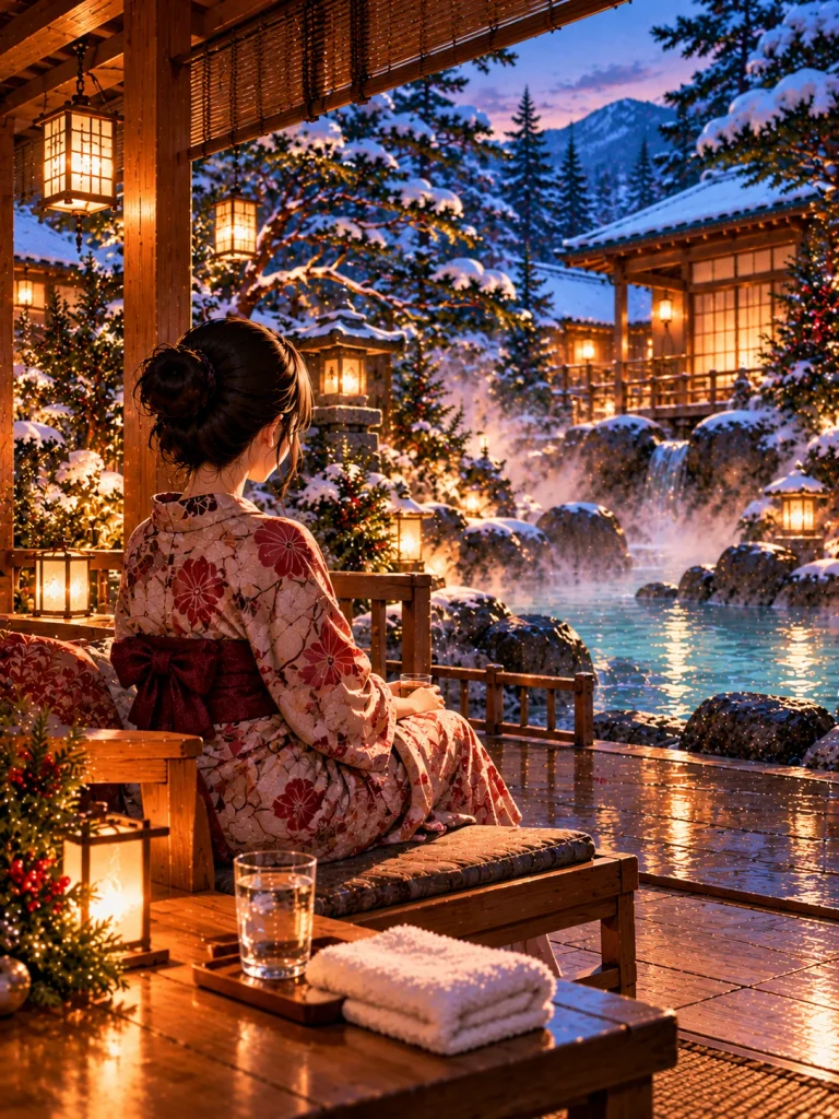 Quiet Japanese ryokan veranda beside an outdoor hot spring with a resting bench, folded towel and glass of water.