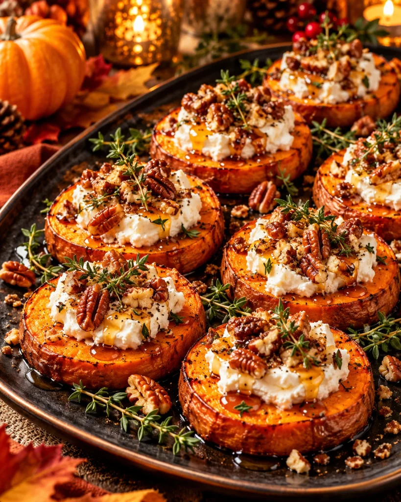 Roasted sweet potato rounds with goat cheese, pecans, maple syrup, and fresh thyme.