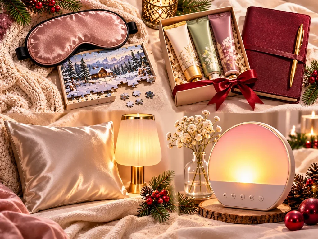 Self-care gift ideas arranged by budget, including a sleep mask, hand cream, silk pillowcase, and premium wellness accessories.