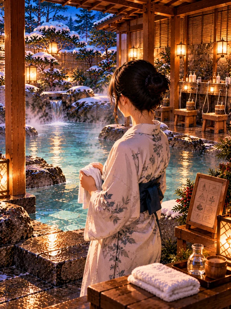 Japanese onsen guest in a white yukata holding a folded towel beside a steaming mineral hot spring.