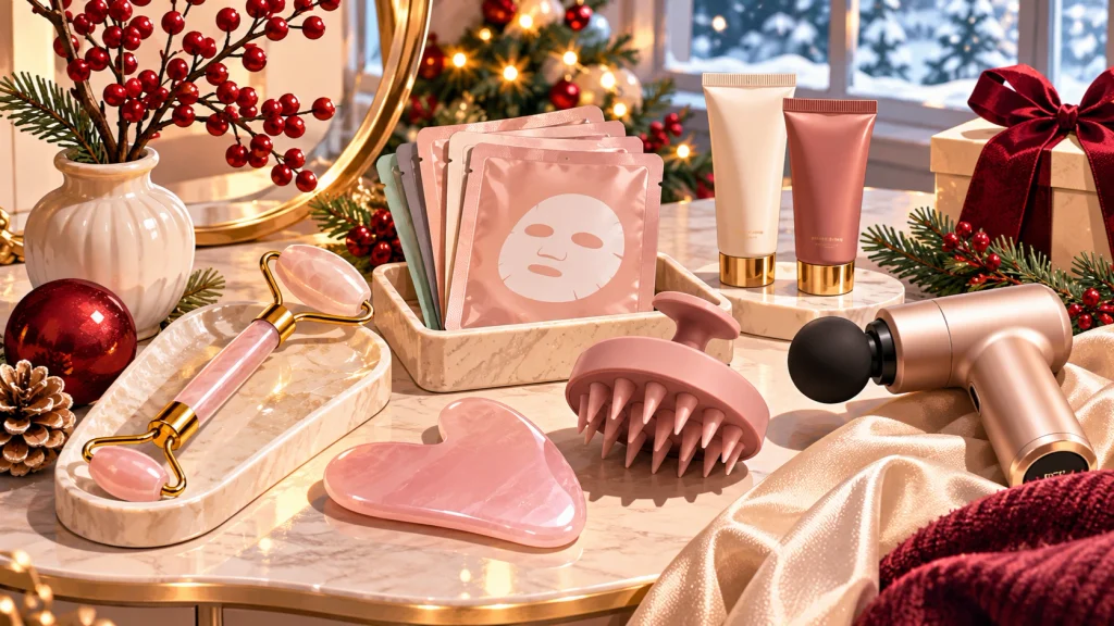 Women's skin and body comfort gifts including a facial roller, sheet masks, scalp massager, hand cream, gua sha stone, and compact massage gun.