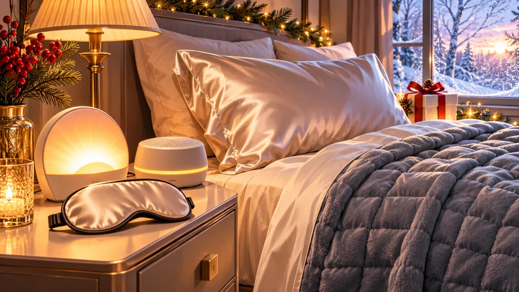 Sleep gifts for women featuring a sunrise alarm clock, silk pillowcase, contoured sleep mask, warm bedside lamp, and cozy bedding.