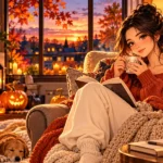 Anime-style illustration of a woman enjoying cozy October self-care with a book, cinnamon tea, a knitted blanket, and glowing Halloween pumpkins in an autumn living room.