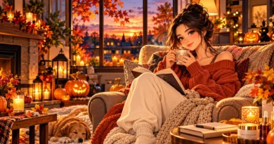 Anime-style illustration of a woman enjoying cozy October self-care with a book, cinnamon tea, a knitted blanket, and glowing Halloween pumpkins in an autumn living room.