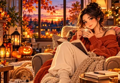 Anime-style illustration of a woman enjoying cozy October self-care with a book, cinnamon tea, a knitted blanket, and glowing Halloween pumpkins in an autumn living room.