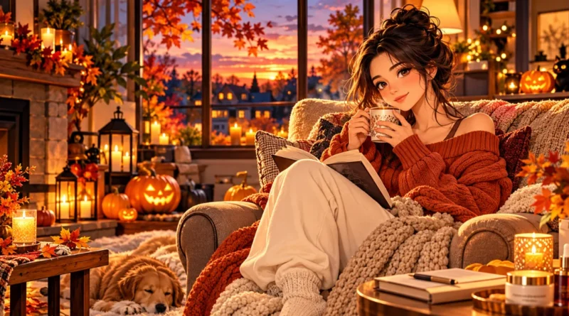 Anime-style illustration of a woman enjoying cozy October self-care with a book, cinnamon tea, a knitted blanket, and glowing Halloween pumpkins in an autumn living room.