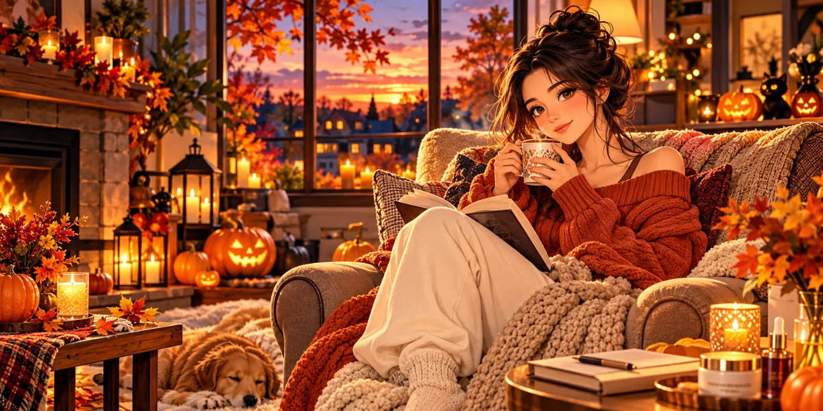 Anime-style illustration of a woman enjoying cozy October self-care with a book, cinnamon tea, a knitted blanket, and glowing Halloween pumpkins in an autumn living room.