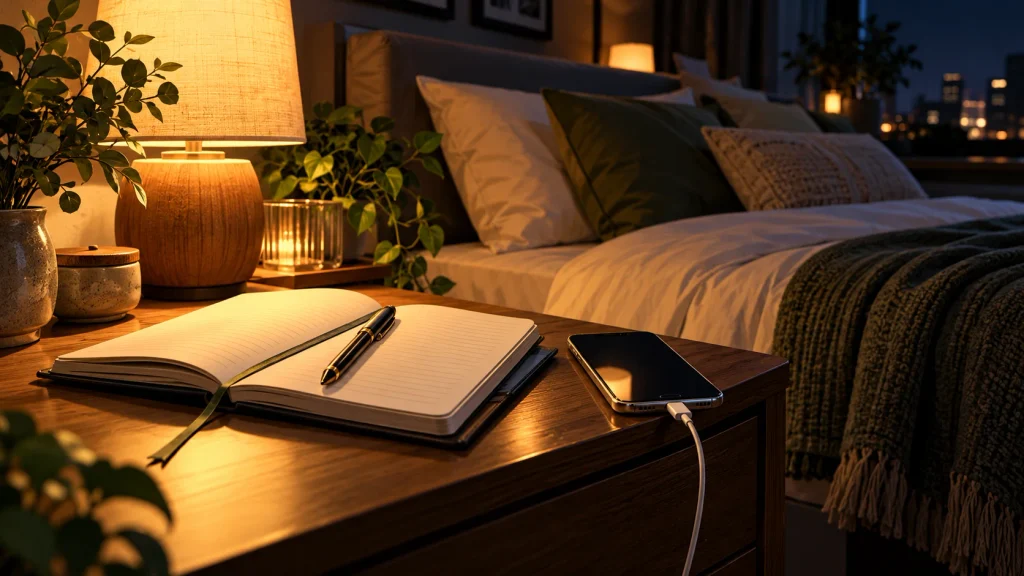 Anime-style illustration of a journal, pen, and charging phone on a bedside table under warm lamplight, representing a simple Kaizen habit to begin tonight.