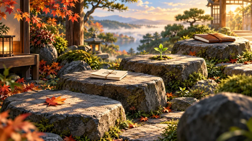 Anime-style illustration of four stepping stones ascending through a minimalist Japanese garden, representing the four steps of the Kaizen habit-building method.