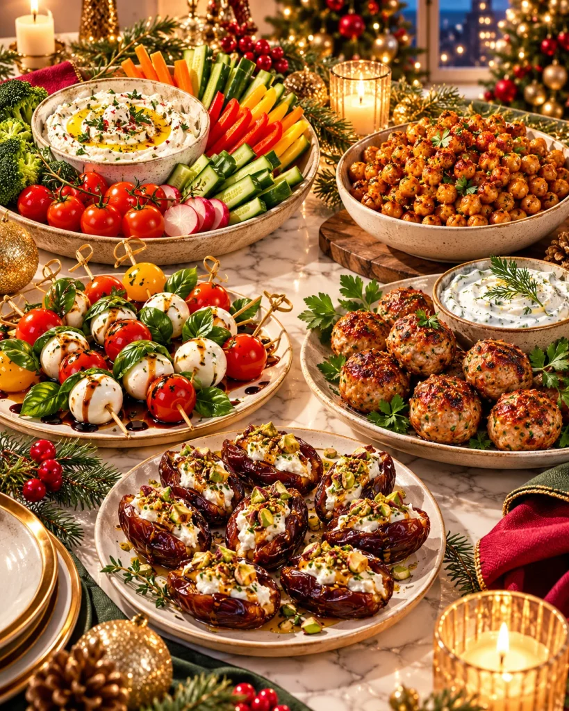 Five healthy holiday appetizers including whipped feta dip, roasted chickpeas, caprese skewers, turkey meatballs, and stuffed dates.