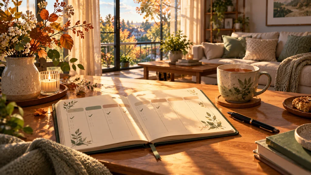 Premium anime-style illustration of a weekly planner and cup of tea in a peaceful home on Sunday, representing the Japanese practice of Hansei and a five-minute habit review.