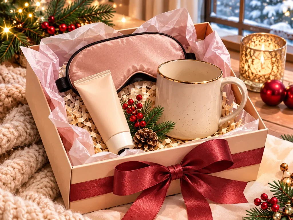 Simple self-care gift box with fragrance-free hand cream, a ceramic mug, and a soft sleep mask.
