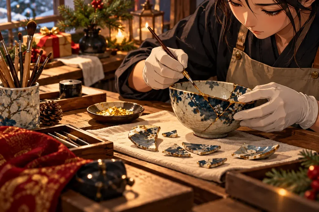 Artisan's hands carefully applying a gold repair seam to a broken Japanese ceramic bowl.