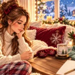 Unique self-care gifts for women arranged in a cozy Christmas-inspired setting, including a silk sleep mask, tea mug warmer, skincare products, journal, and heated neck wrap