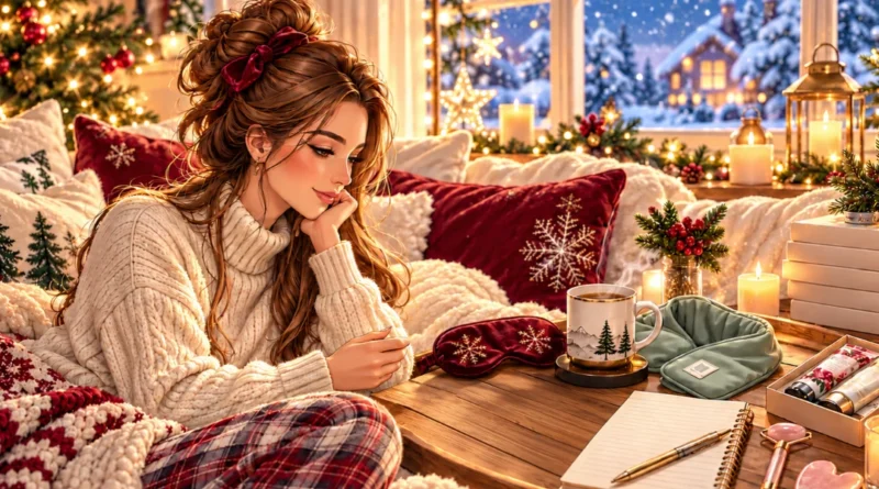 Unique self-care gifts for women arranged in a cozy Christmas-inspired setting, including a silk sleep mask, tea mug warmer, skincare products, journal, and heated neck wrap