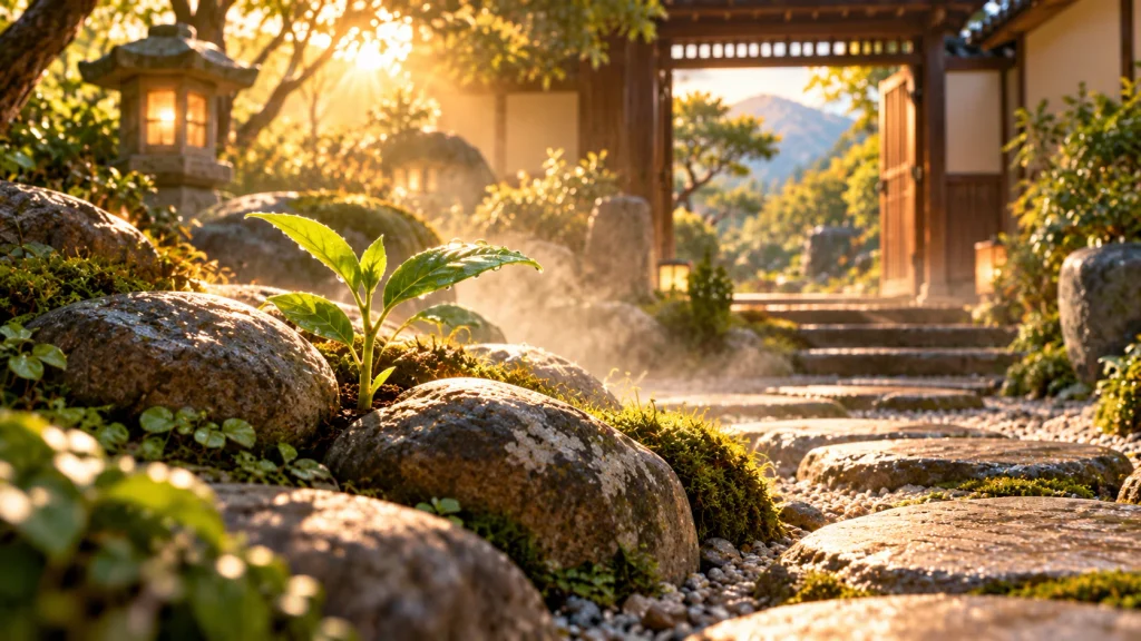 Premium anime-style illustration of a tiny green seedling growing among smooth stones in a Japanese-inspired garden, symbolizing gradual improvement through the Kaizen method.