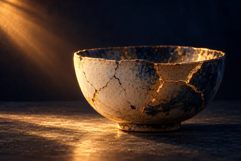 Japanese ceramic bowl showing visible cracks and gold repairs against a dark minimalist background.