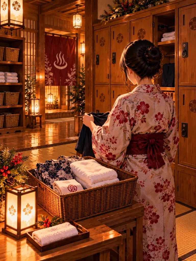 Folded tenugui towel, wooden changing-room lockers, woven basket and yukata in a Japanese ryokan.