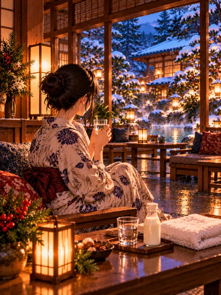 Relaxation lounge at a Japanese ryokan with a yukata-clad guest, drinking water and a traditional wooden bench.