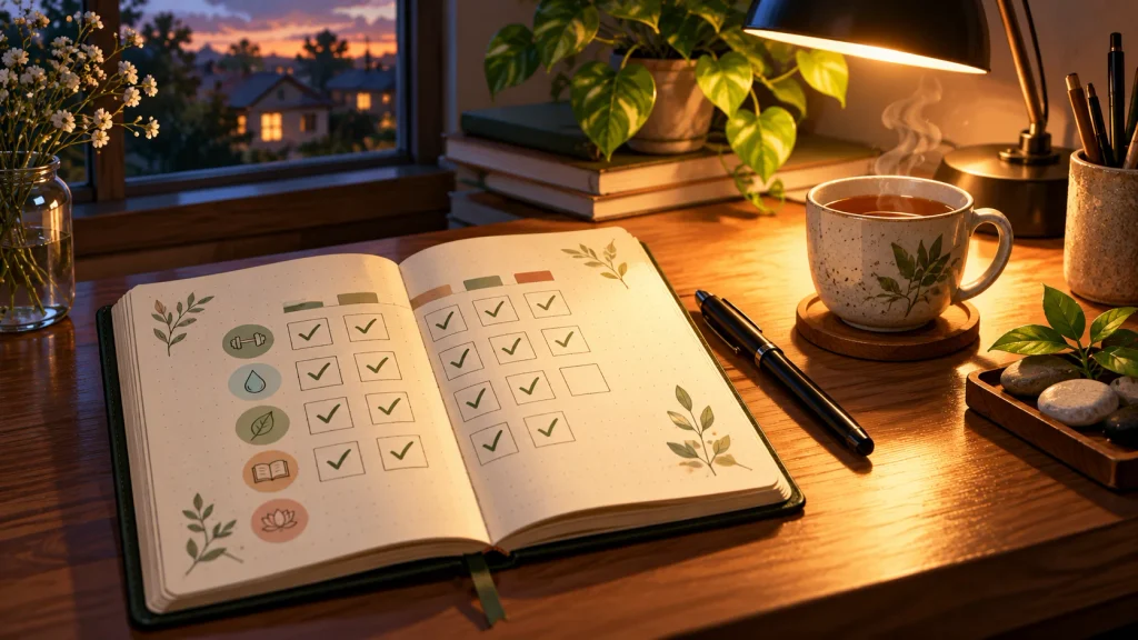 Anime-style illustration of an open habit journal with a blank daily checkbox and a pen under warm lamplight, symbolizing restarting a missed daily habit without guilt.