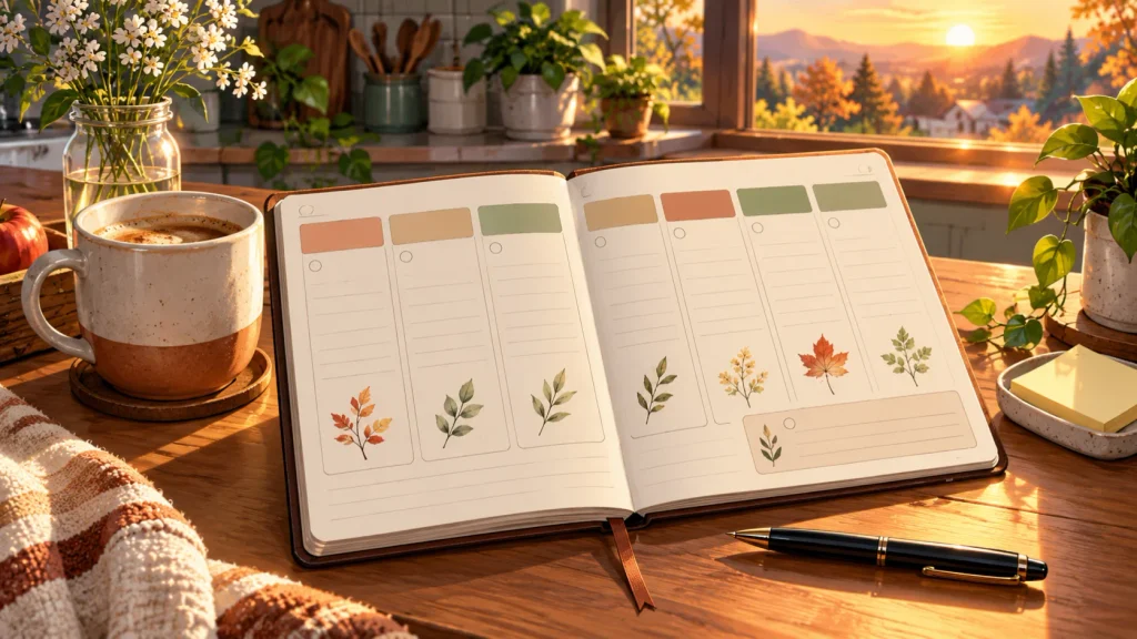 Anime-style illustration of a weekly planner with seven simple daily spaces, a pen, and a coffee mug, representing a beginner’s seven-day Kaizen habit plan.