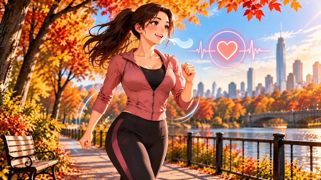 Anime-style beginner checking cardio intensity during a moderate low-impact workout.