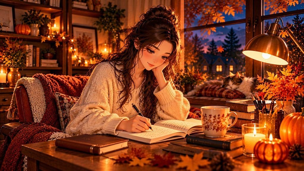 Anime-style woman writing in an October journal at a cozy wooden desk with autumn leaves, tea, and warm lighting.