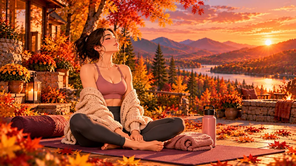 Woman relaxing after an outdoor fall yoga session surrounded by golden autumn foliage.