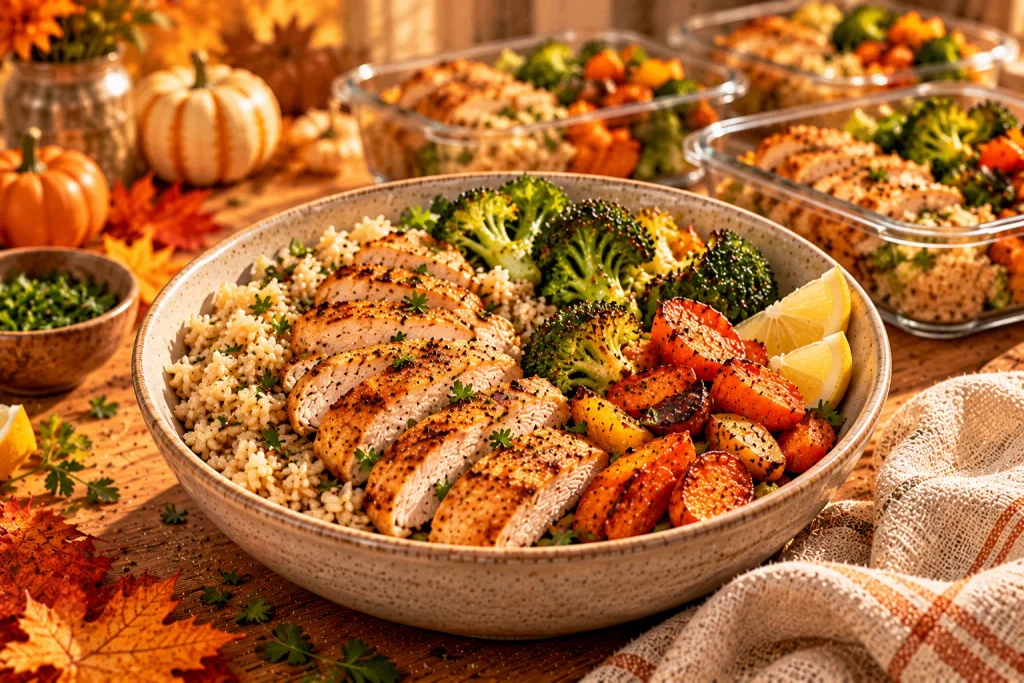 Chicken and brown rice bowl with roasted broccoli, carrots, and lemon dressing.