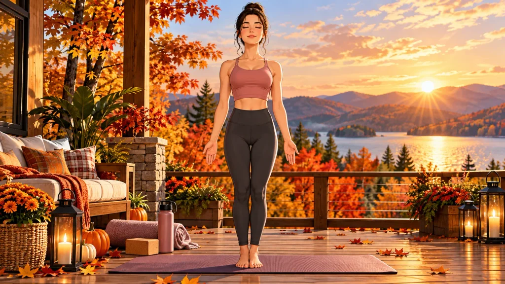 Woman performing Mountain Pose on a yoga mat during a cozy fall yoga session.