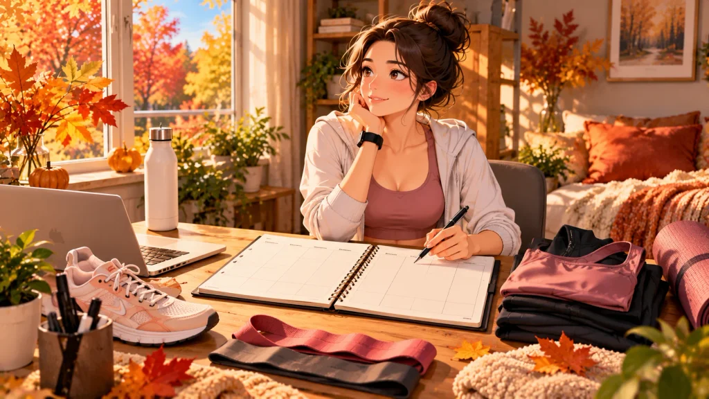 Person planning weekly workouts and recovery days during fall.