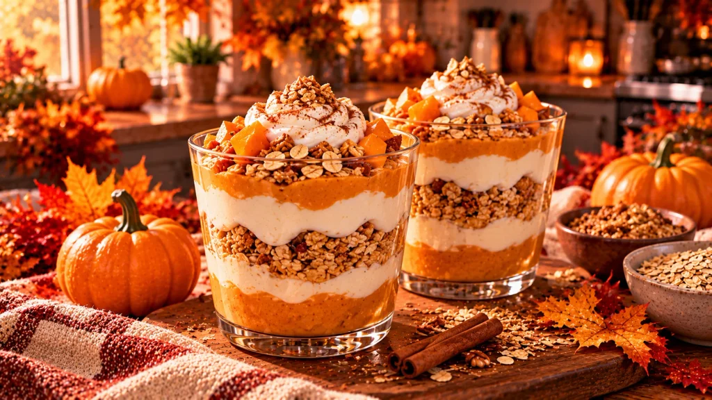 Pumpkin yogurt parfait with creamy yogurt, orange pumpkin layers, cinnamon, and granola in a clear glass.