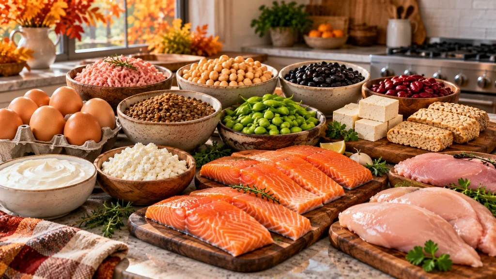 Healthy protein staples including eggs, chicken, salmon, Greek yogurt, beans, lentils, tofu, and edamame.