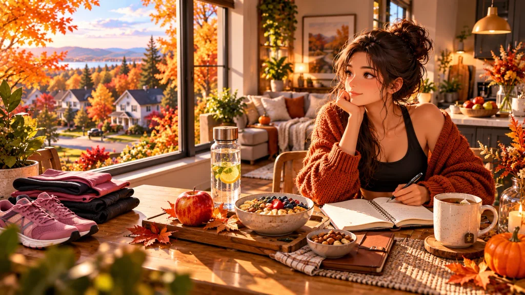 Woman reviewing healthy wellness habits during a cozy October fall reset