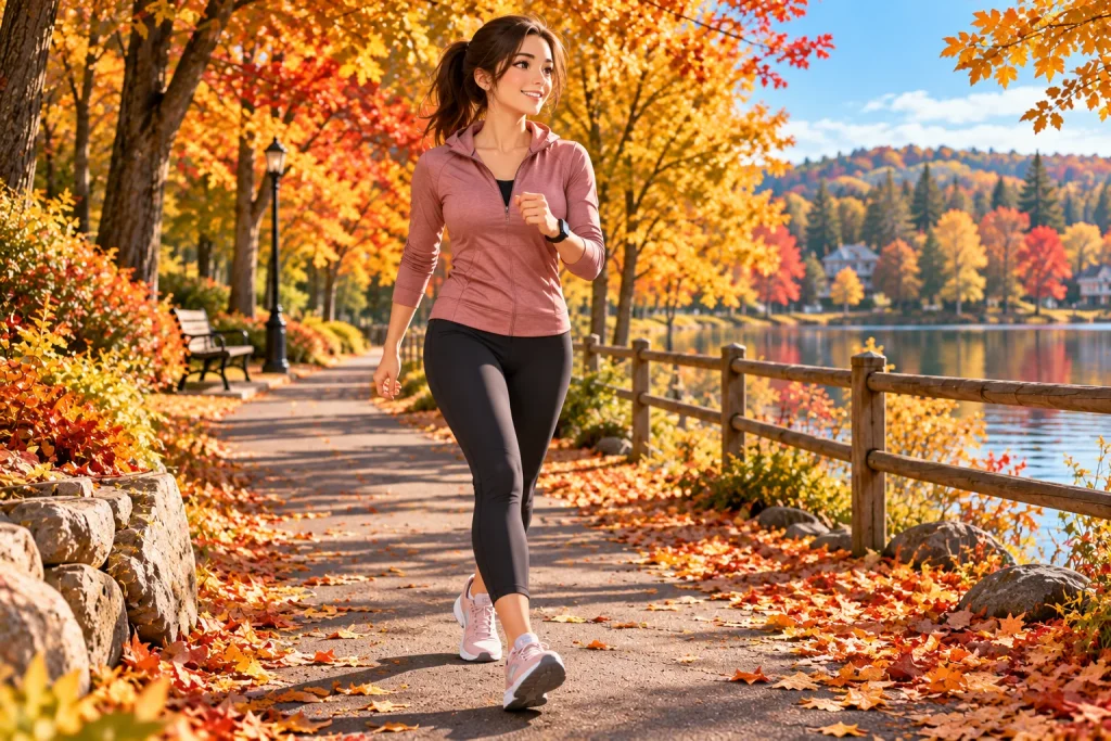 Adult beginner doing brisk walking on a paved autumn park trail.