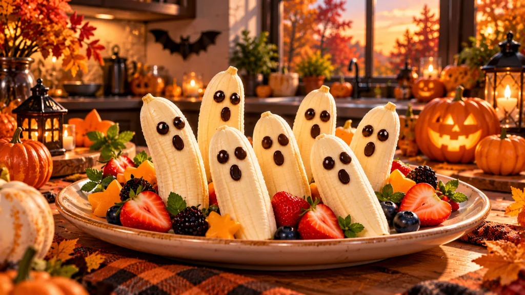 Banana ghost Halloween snacks styled on a plate in a cozy American fall kitchen.