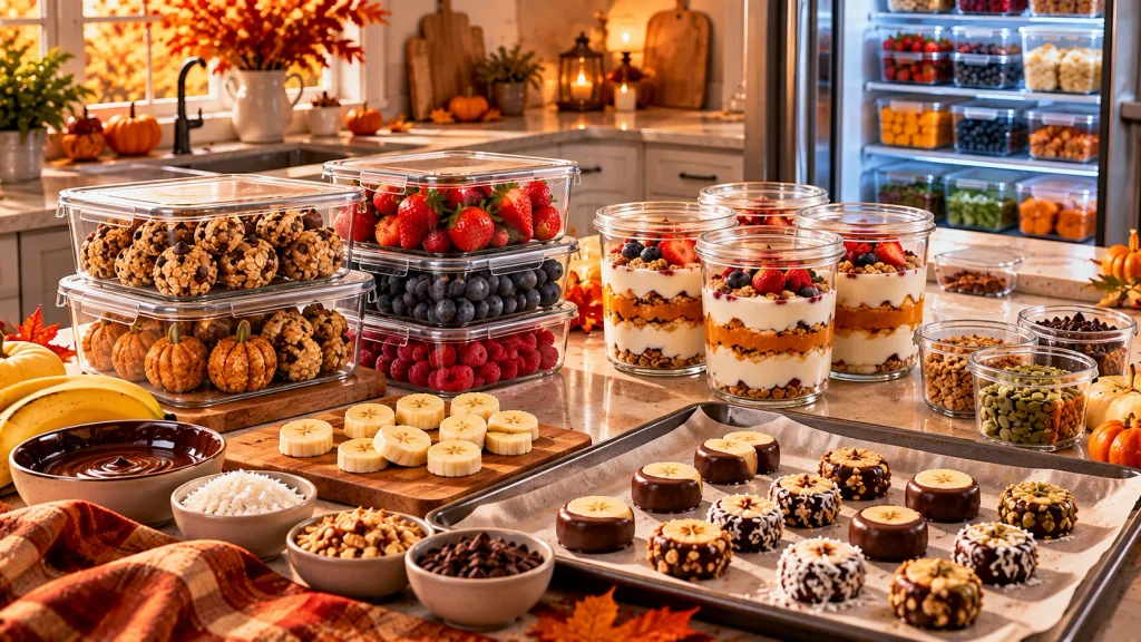 Homemade Halloween desserts stored in clear containers with yogurt parfaits, oat bites, and fresh fruit in a clean kitchen.